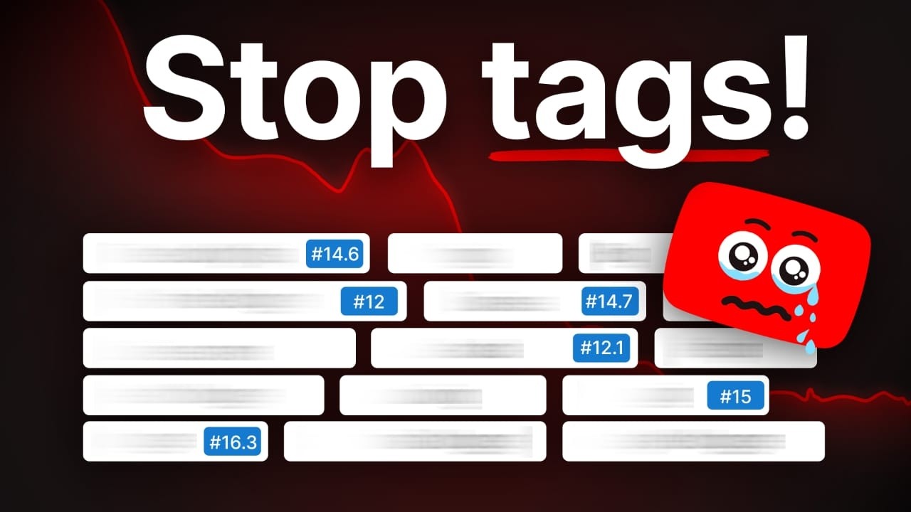 YouTube tags blog post banner: Text reads "Stop tags!" A modified YouTube play button shows a crying face. Several text boxes implying tags are blurred and greyed out.