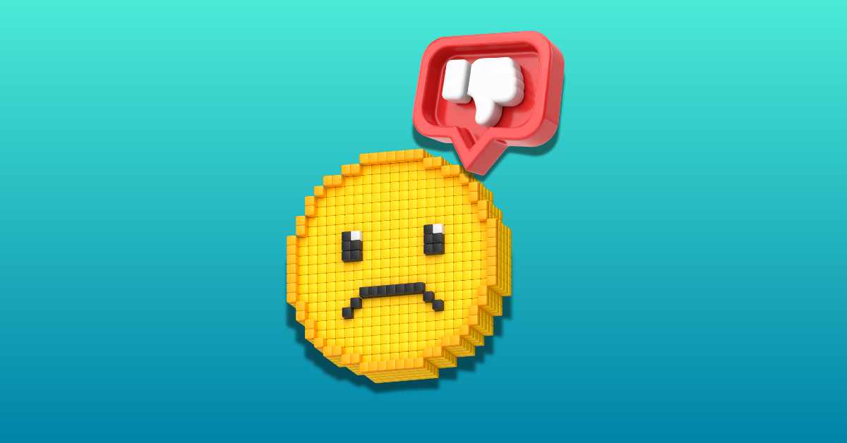 A sad face emoji with a YouTube dislike button in a thought bubble representing someone disliking a YouTube video