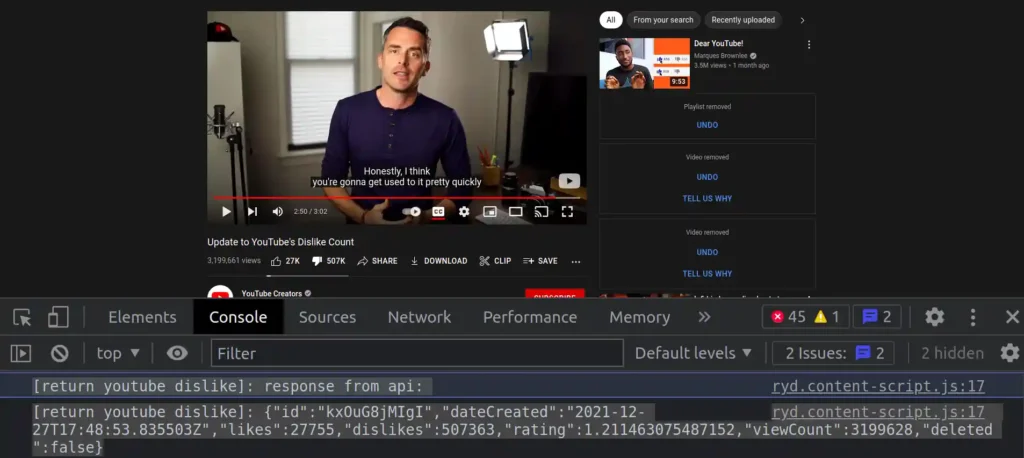 Screenshot of free YouTube tool Dislike in action from returnyoutubedislike